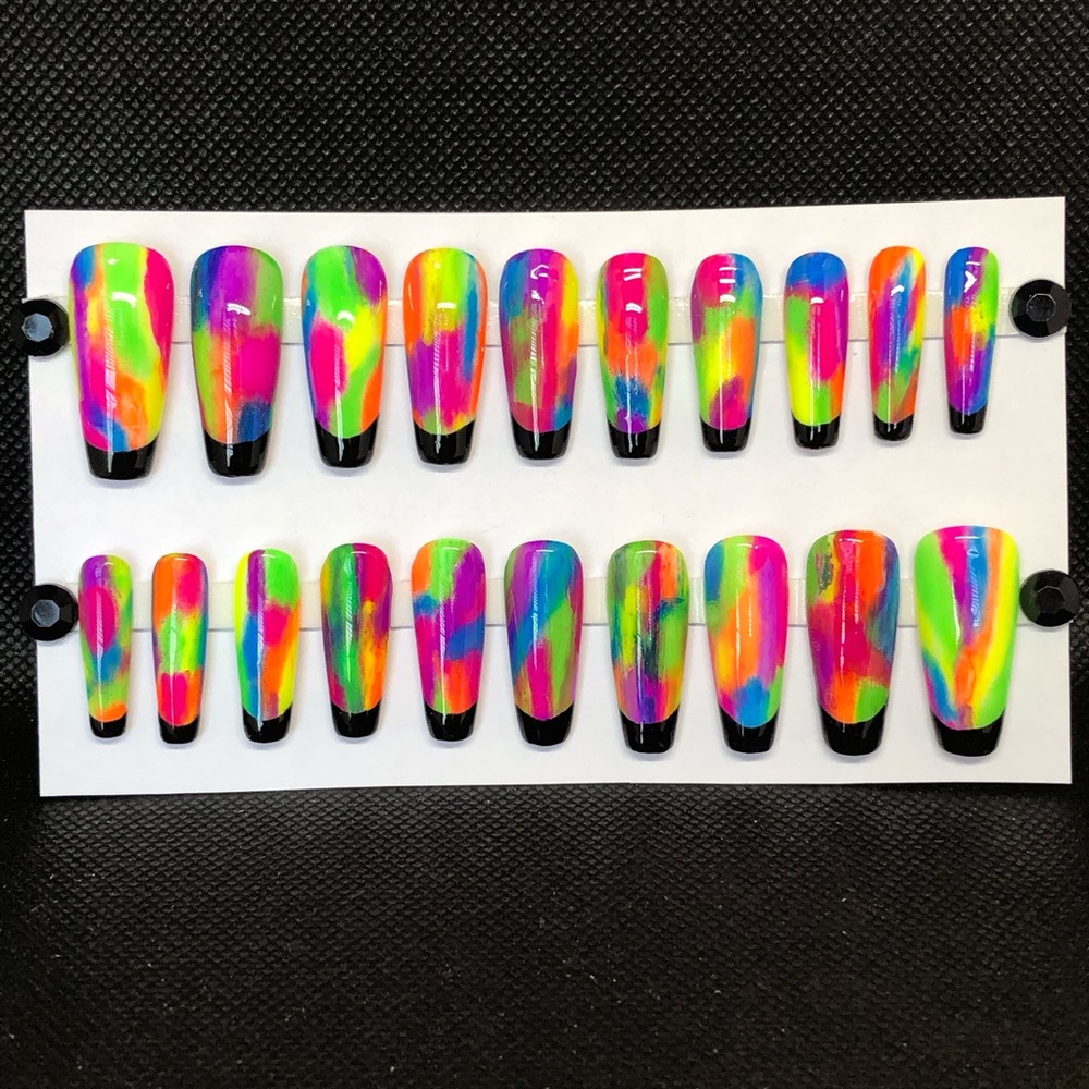 Handmade Custom Press On Nails UV Gel Long Coffin Neon Nails Black French Tip